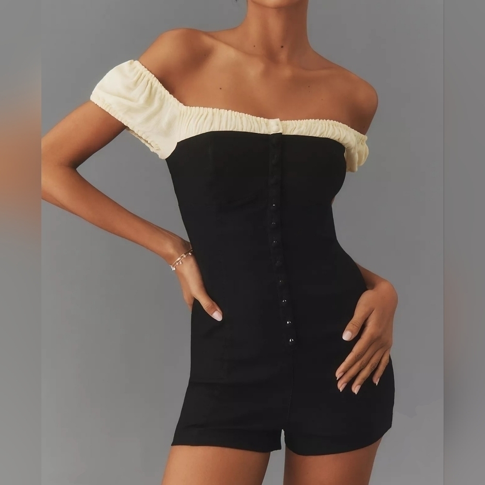 Maeve Off-The-Shoulder Shirred Linen Micro Romper, Black & Yellow, Size 14